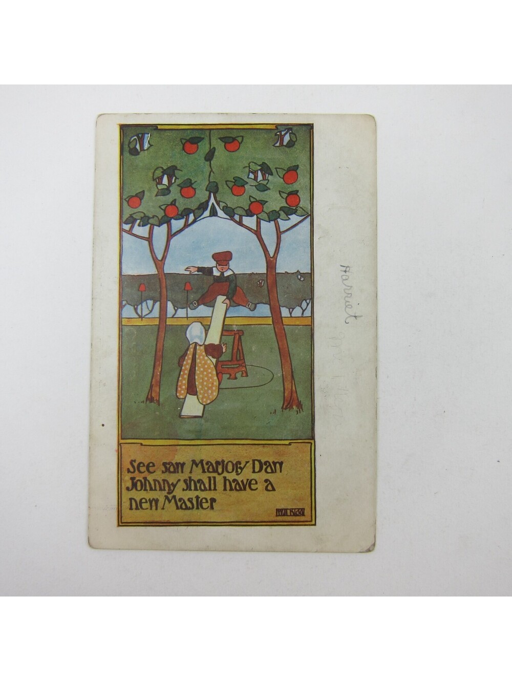 Postcard Art Deco Nursery Rhyme See Saw Marjory Daw Girl Boy Apple Tree Antique